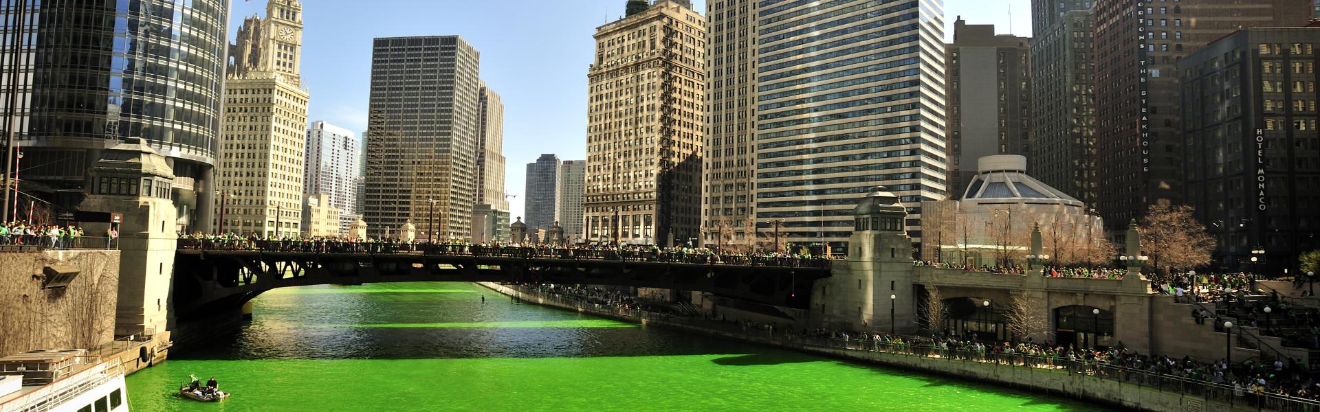 The green river among Chicago's skyscrapers for St. Patrick's Day