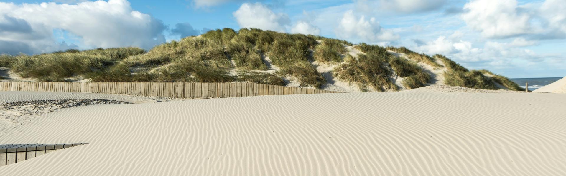 A sandy beach with a hill in the background