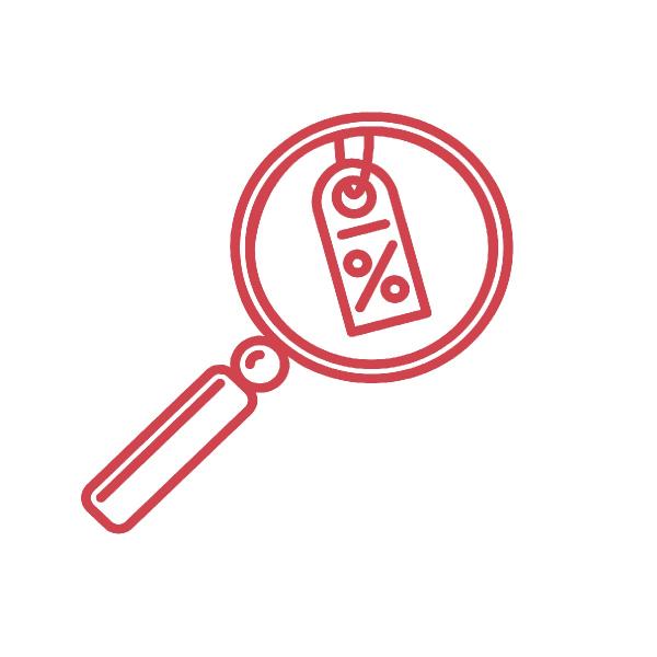 An icon of a magnifying glass, colored red
