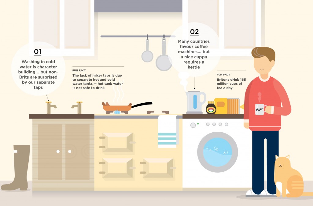Image of a British kitchen, showing some of the quirks and oddities. Part of a larger infographic