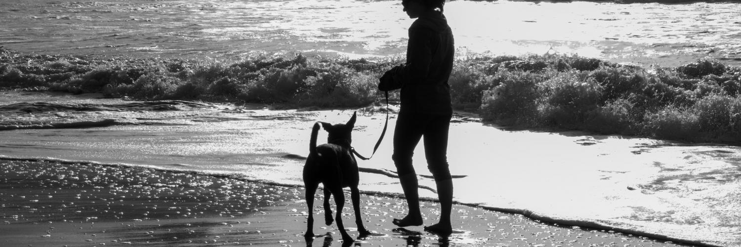man in black jacket and pants walking with dog on beach shore