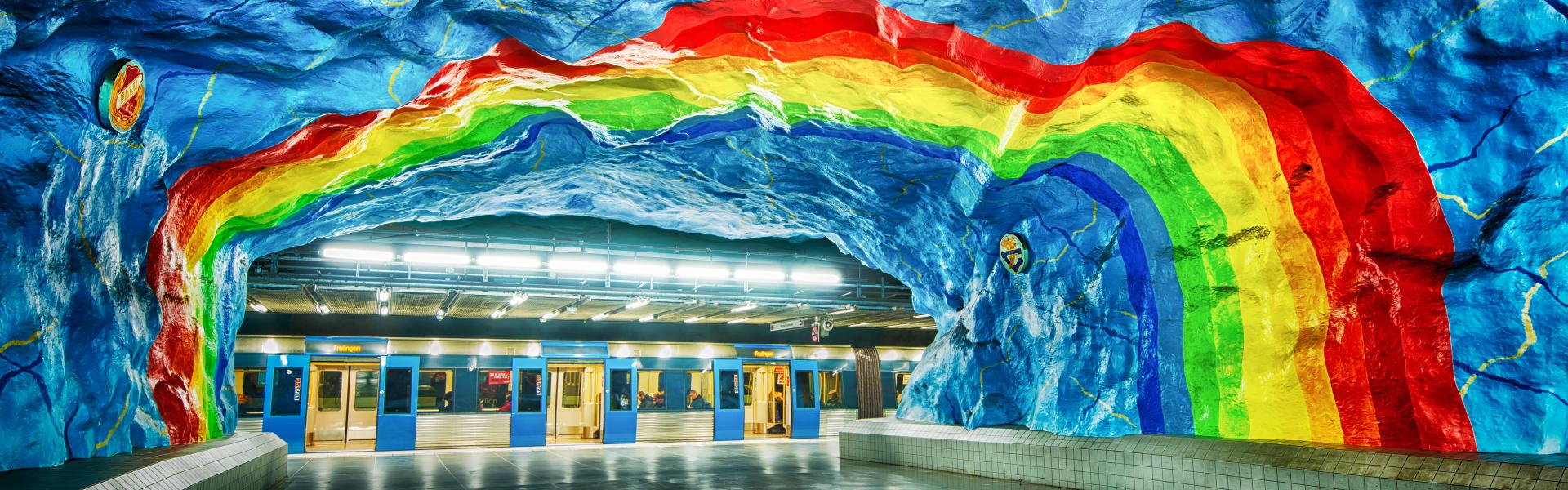 The interior design of Stadium Metro Station  in Stockholm, Sweden, November, 2013.