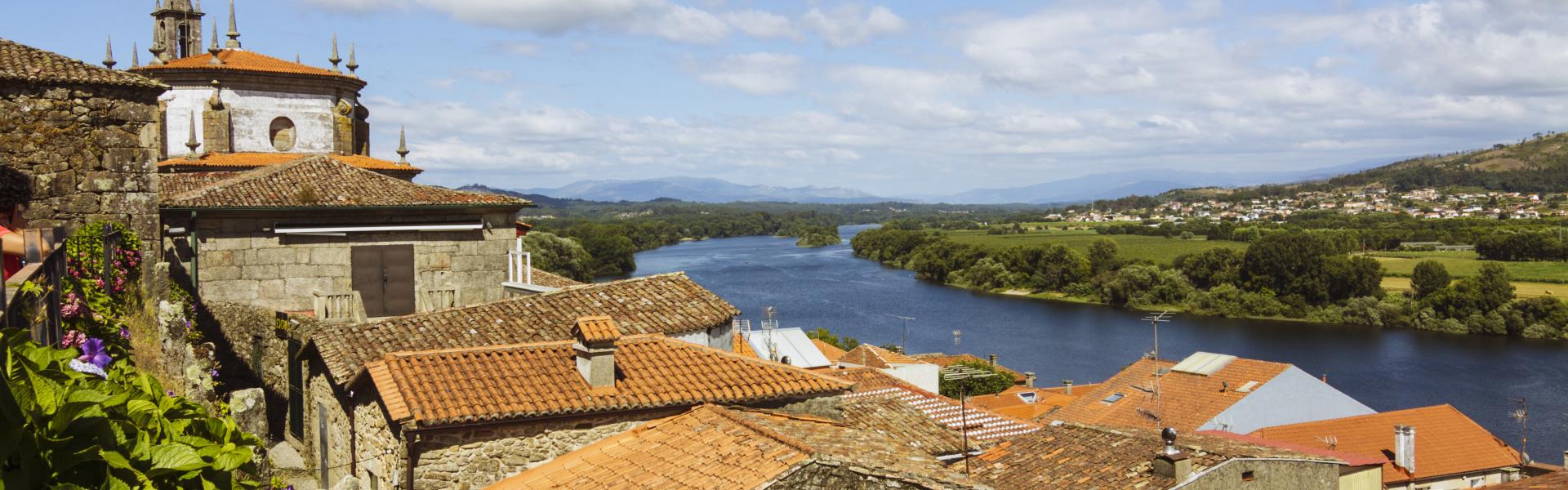 Tuy, Pontevedra province, Galicia, Spain : Medieval border town of Tui. Portugal in background to the other side of the Minho river as seen from the gardens of the cathedral.