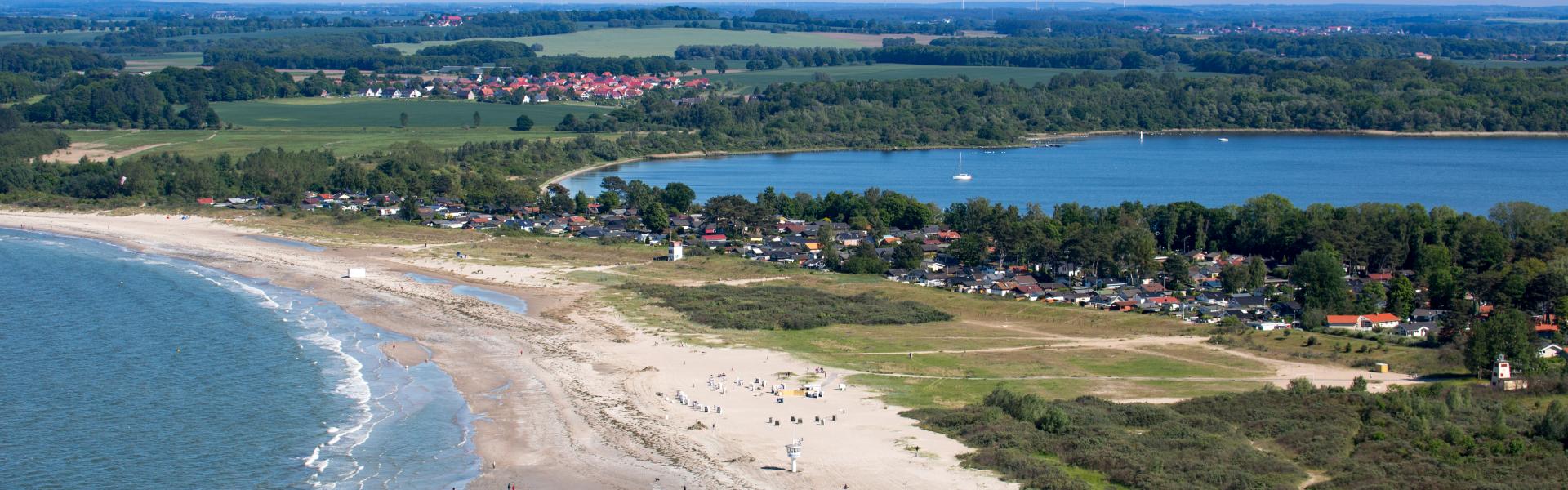 Overhead of Priwall beach and Luebecker Bucht of Baltic Sea, Travemuende, Schleswig-Holstein, Germany.