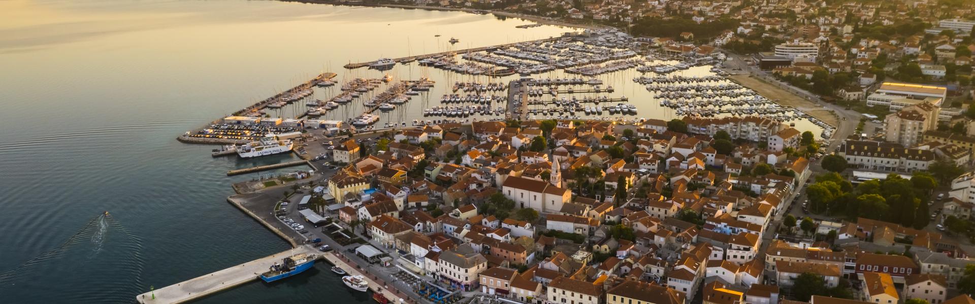 Croatia, beautiful old city of Biograd na Moru, panoramic view of the town center