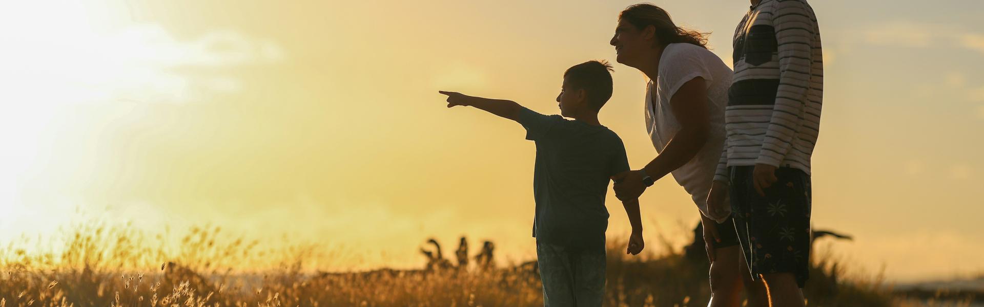 Family-friendly vacation rental: family holding hands while walking on grass field during sunset