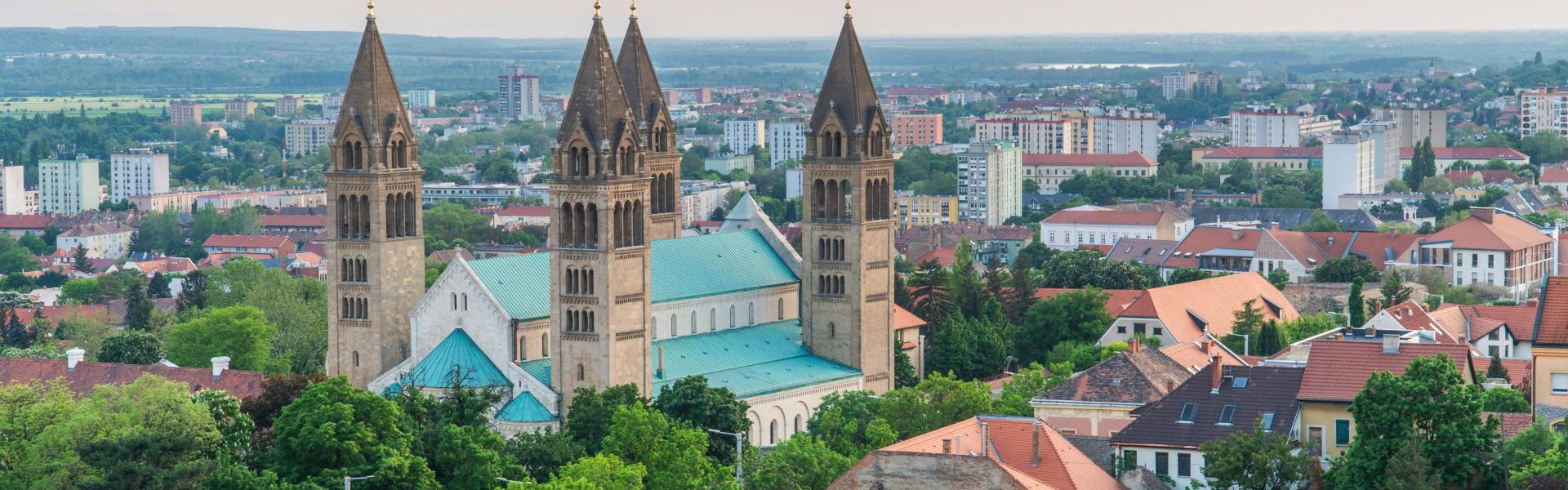 a large building with towers surrounded by trees