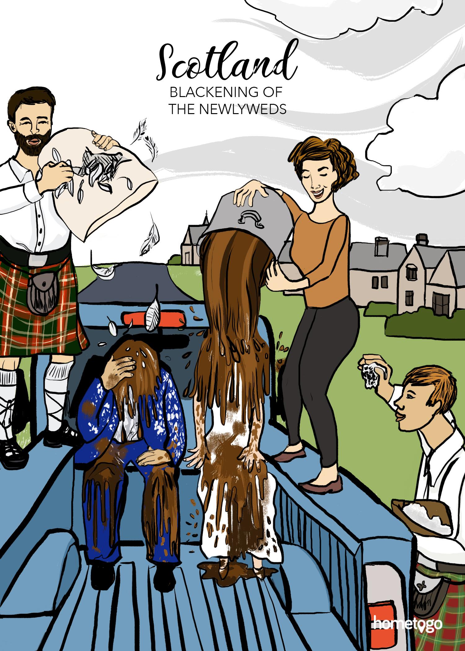 Illustration featuring the wedding custom from Scotland, where the groom and the bride get thrown dirt before the wedding