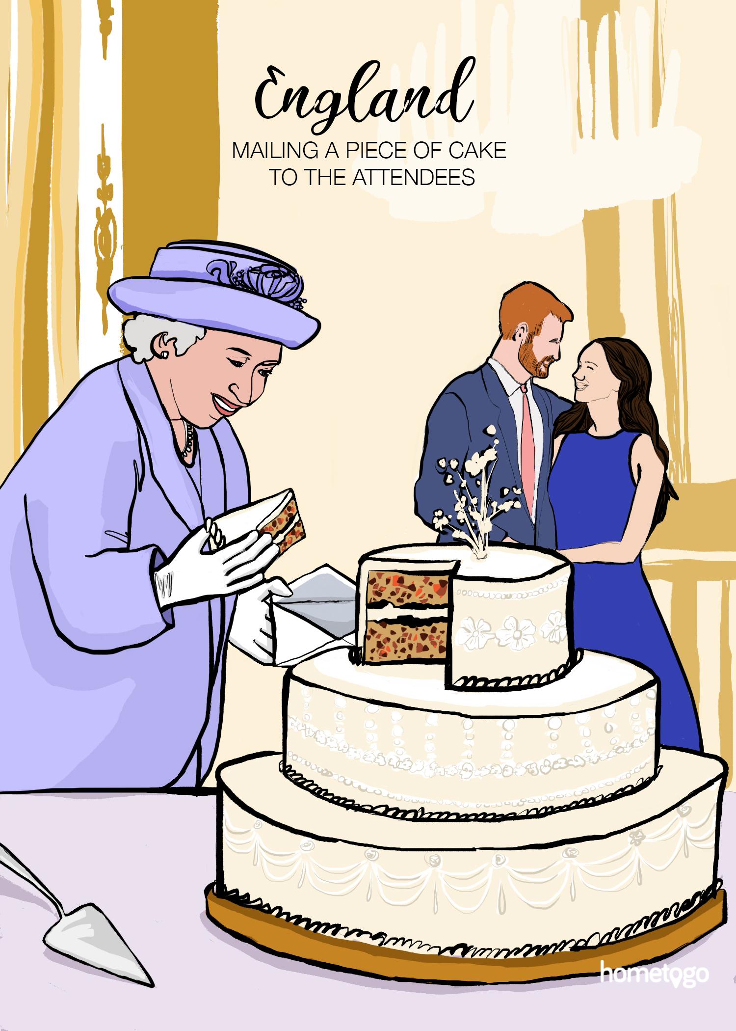 Illustration featuring the wedding custom from the royal wedding, where attendees are mailed a piece of cake after the celebration