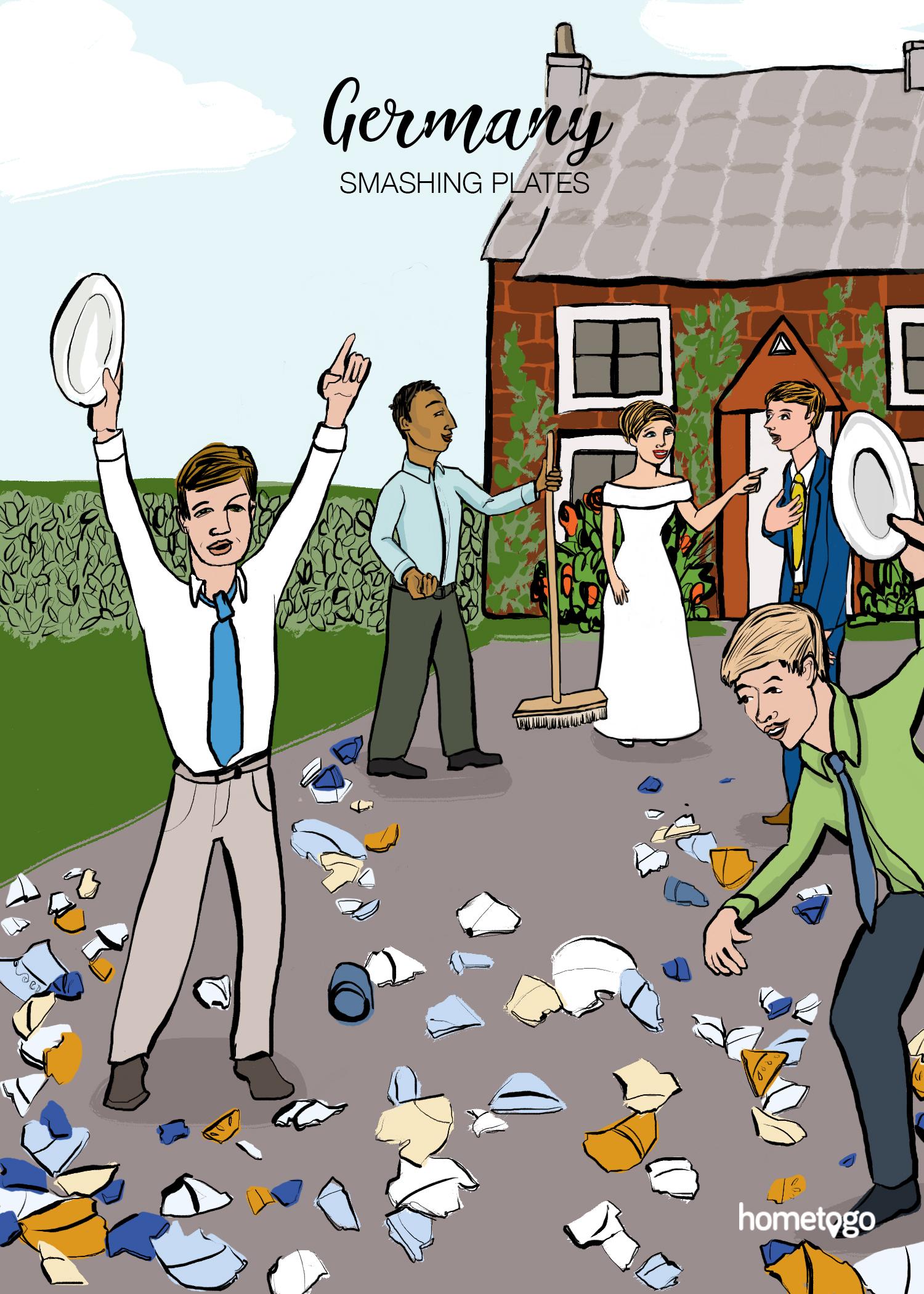 Illustration featuring the wedding custom from Germany, where the newlyweds smash plates before the wedding