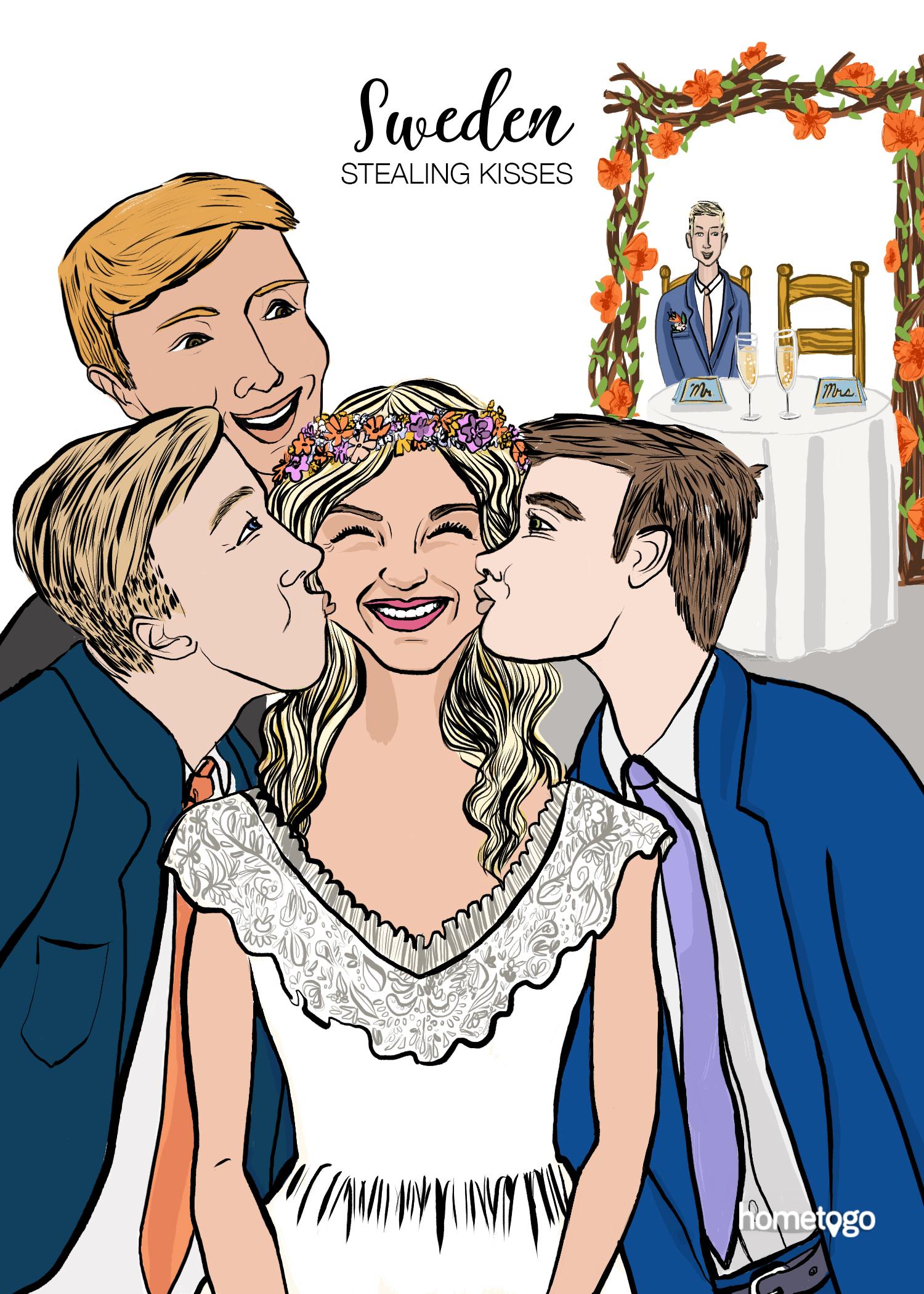Illustration featuring the wedding custom from Sweden, where attendees steal kisses to the newlyweds