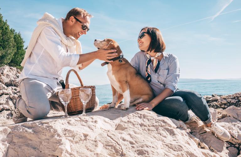 Pärchen mit Hund am Strand