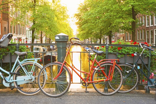 Bikes on a bridge in Amsterdam, the Netherlands