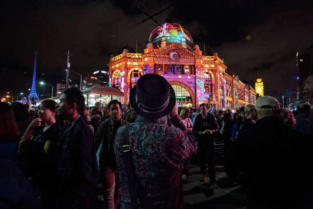 Lit up buildings at White Night Melbourne