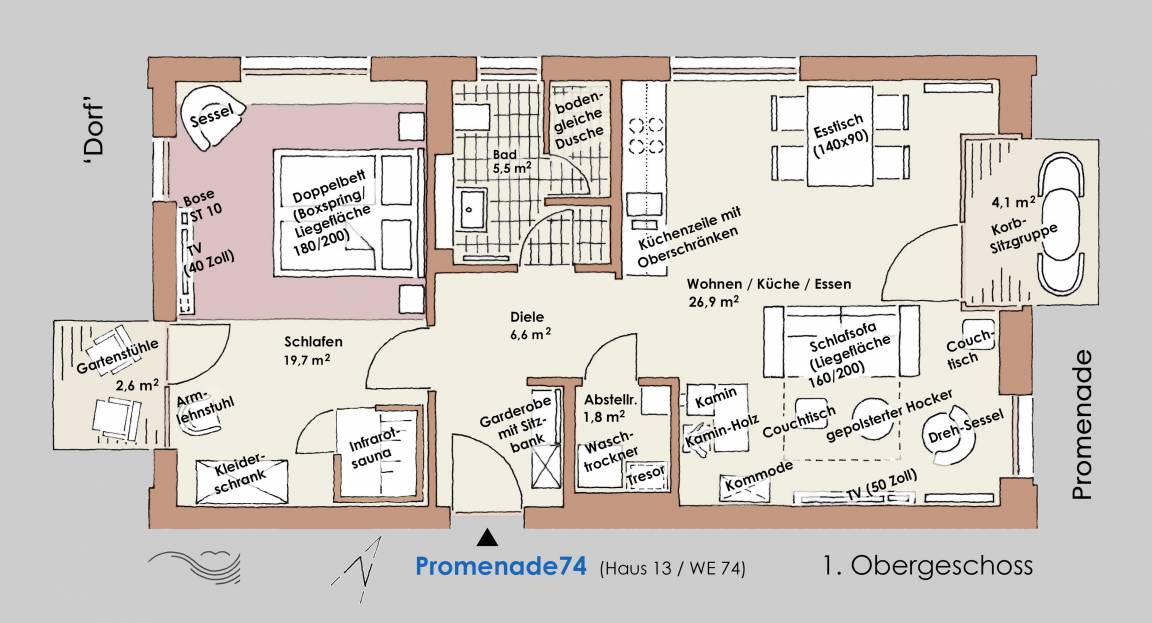 64 m² Ferienwohnung ∙ 1 Schlafzimmer ∙ 2 Gäste – Bild 16