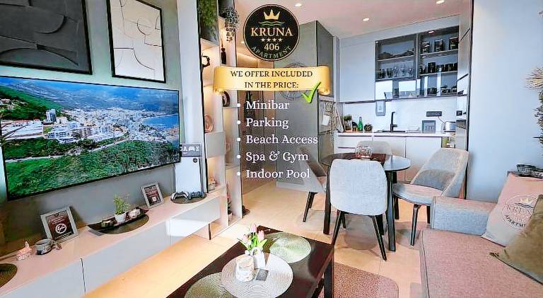 KRUNA 406 Luxury Sea View Apartment with Parking, Minibar, Spa & Beach, Becici in Budva