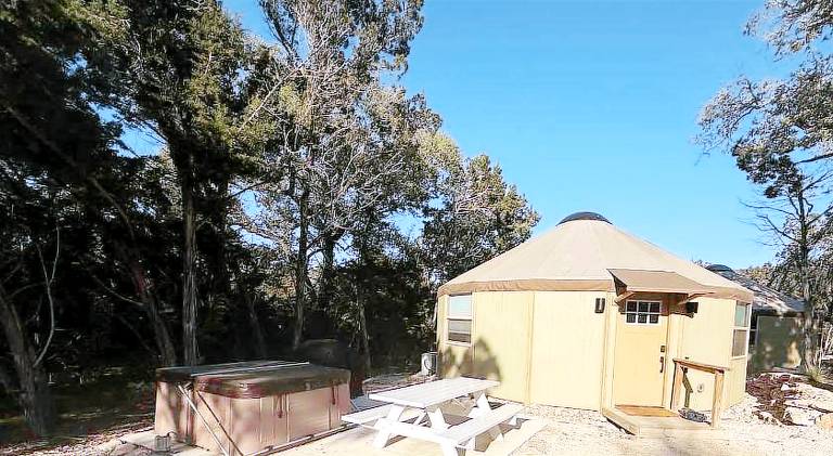 Peaceful Luxury Yurt-Cabin with Private Hot Tub Near Canyon Lake, Texas in Canyon, TX