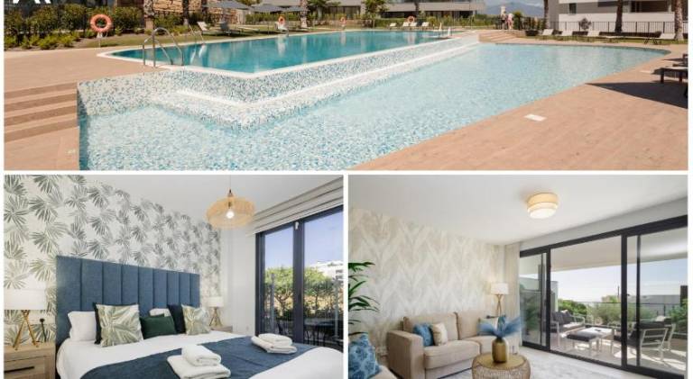 Fully equipped pleasant rental apartment with patio, yard & private pool | Next to the beach | Dogs allowed in Estepona