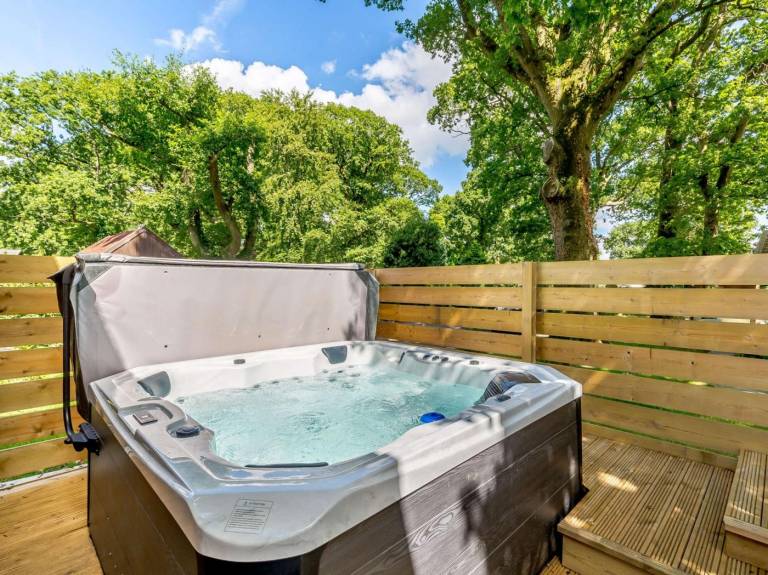 Lodge with patio, yard & hot tub in Okehampton