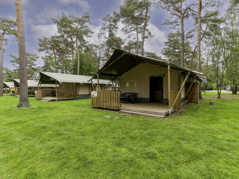 Spannzelt auf schone Campingplatz mit Schwimmbad