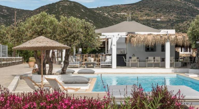 Serviced apartment with yard, terrace & pool in Sifnos
