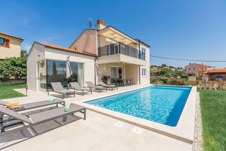 New and dog-friendly villa with panoramic sea views, private pool, barbecue area, baby cot, washing machine in Porec