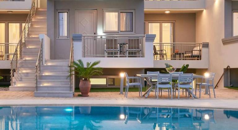 Modern Family apartment Ewa with pool, dining area on Crete coast in Agios Nikolaos