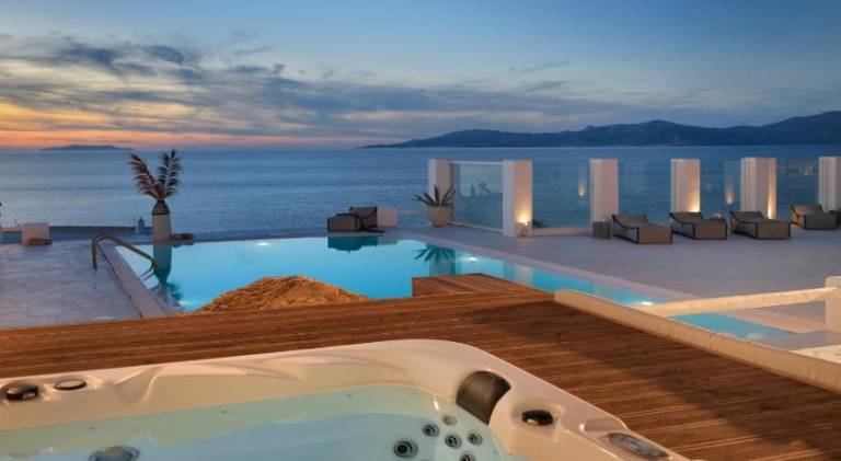 Villa Aegean Soul pool-sunset-hot tub by Calypso Sunset Villas in Mykonos