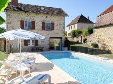 80 m² Ferienhaus mit eingezäuntem Grundstück und privatem Pool, für 5 Gäste mit Hund, 3 Schlafzimmer, in Loubressac, Département Lot, Südfrankreich